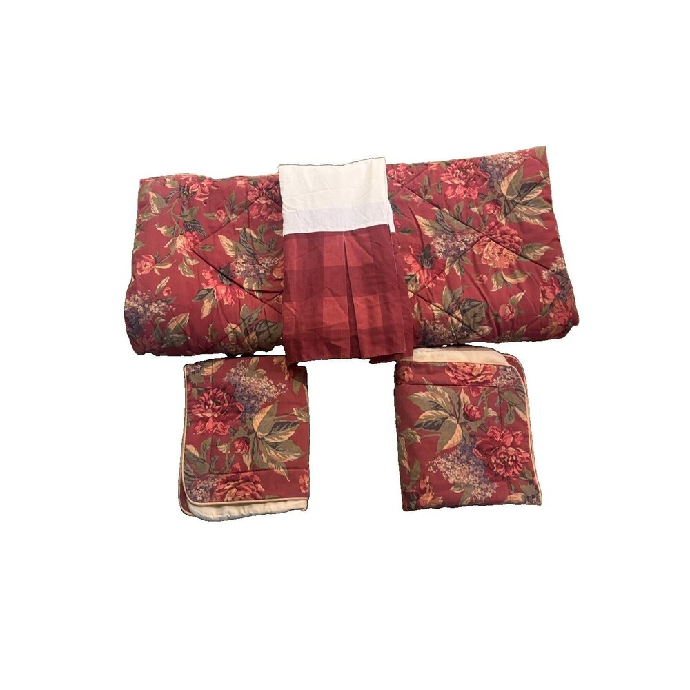 Croscill Burgundy Floral Comforter, Bed Skirt & 2 STD Shams Set Queen